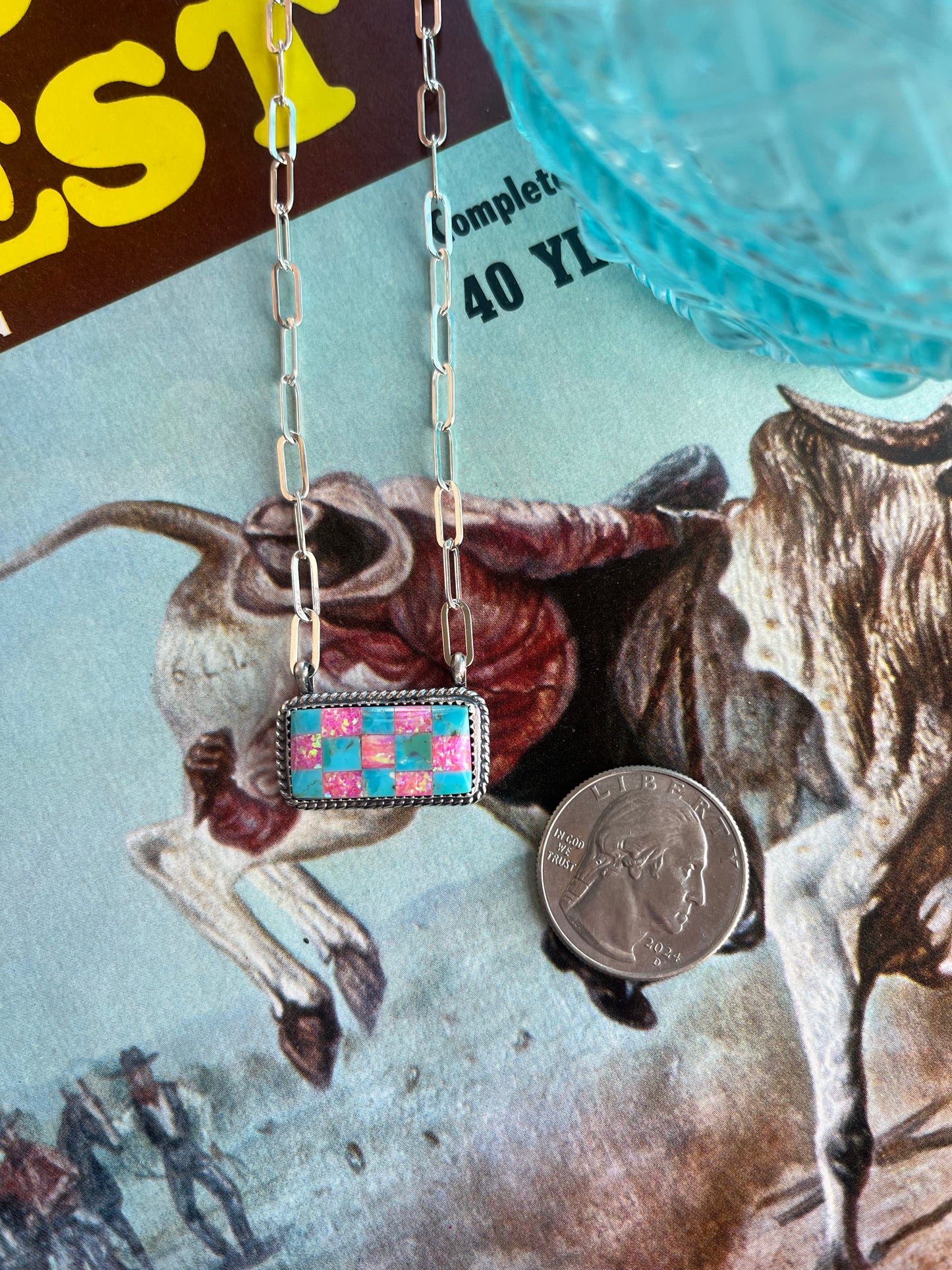 Turquoise and Opal Checkered Bar Necklace