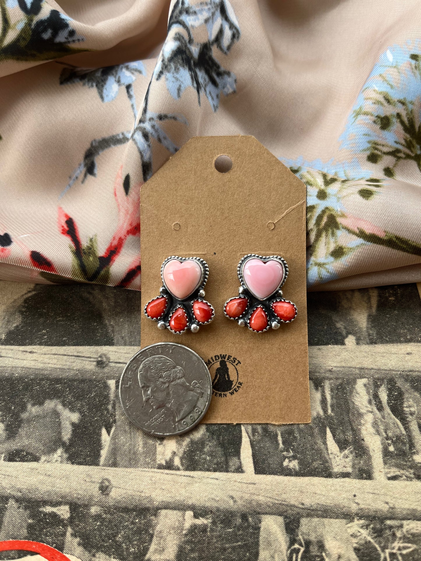 Pink Conch and Red Spiny Heart Earrings