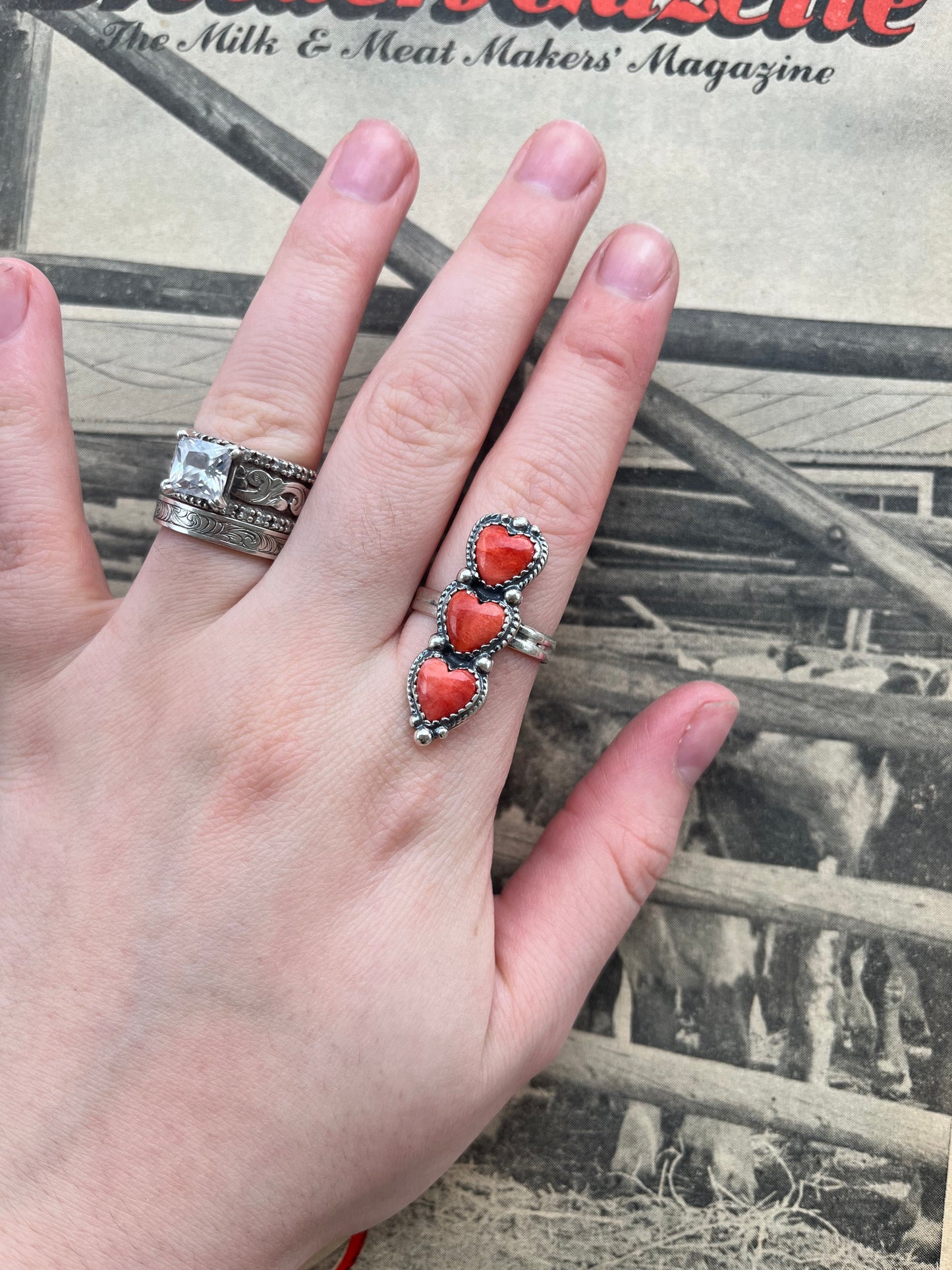 Red Spiny Three Heart Ring Size 9