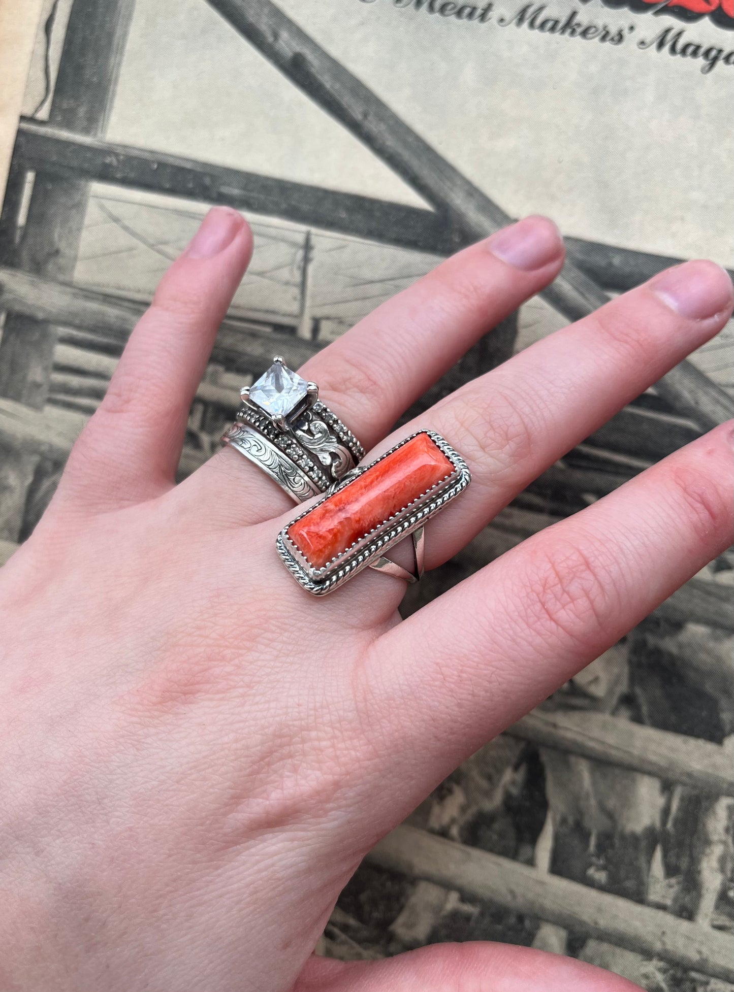 Red Spiny Bar Ring Size 6.5