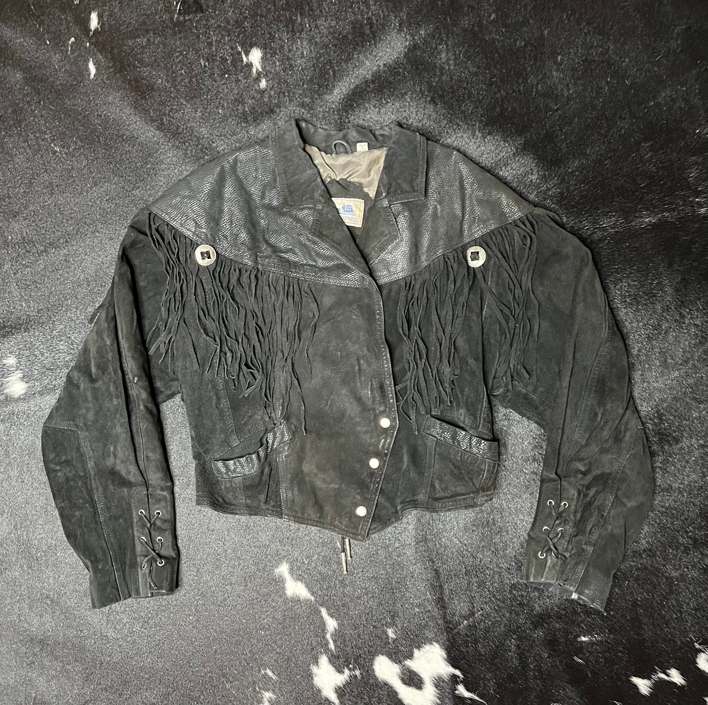 Vintage Genuine Leather Cropped Coat w/ Conchos and Fringe, Large