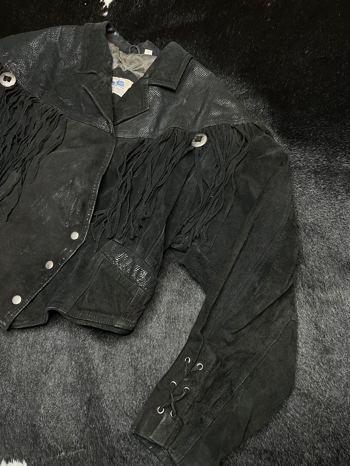 Vintage Genuine Leather Cropped Coat w/ Conchos and Fringe, Large