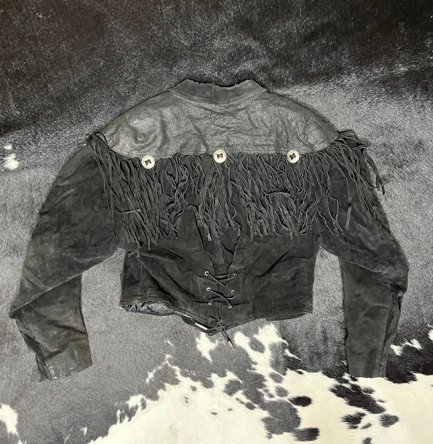 Vintage Genuine Leather Cropped Coat w/ Conchos and Fringe, Large
