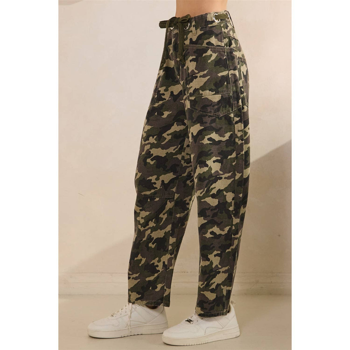 Camo Barrel Jeans with Belt Detail