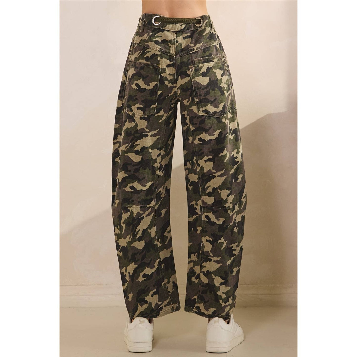 Camo Barrel Jeans with Belt Detail