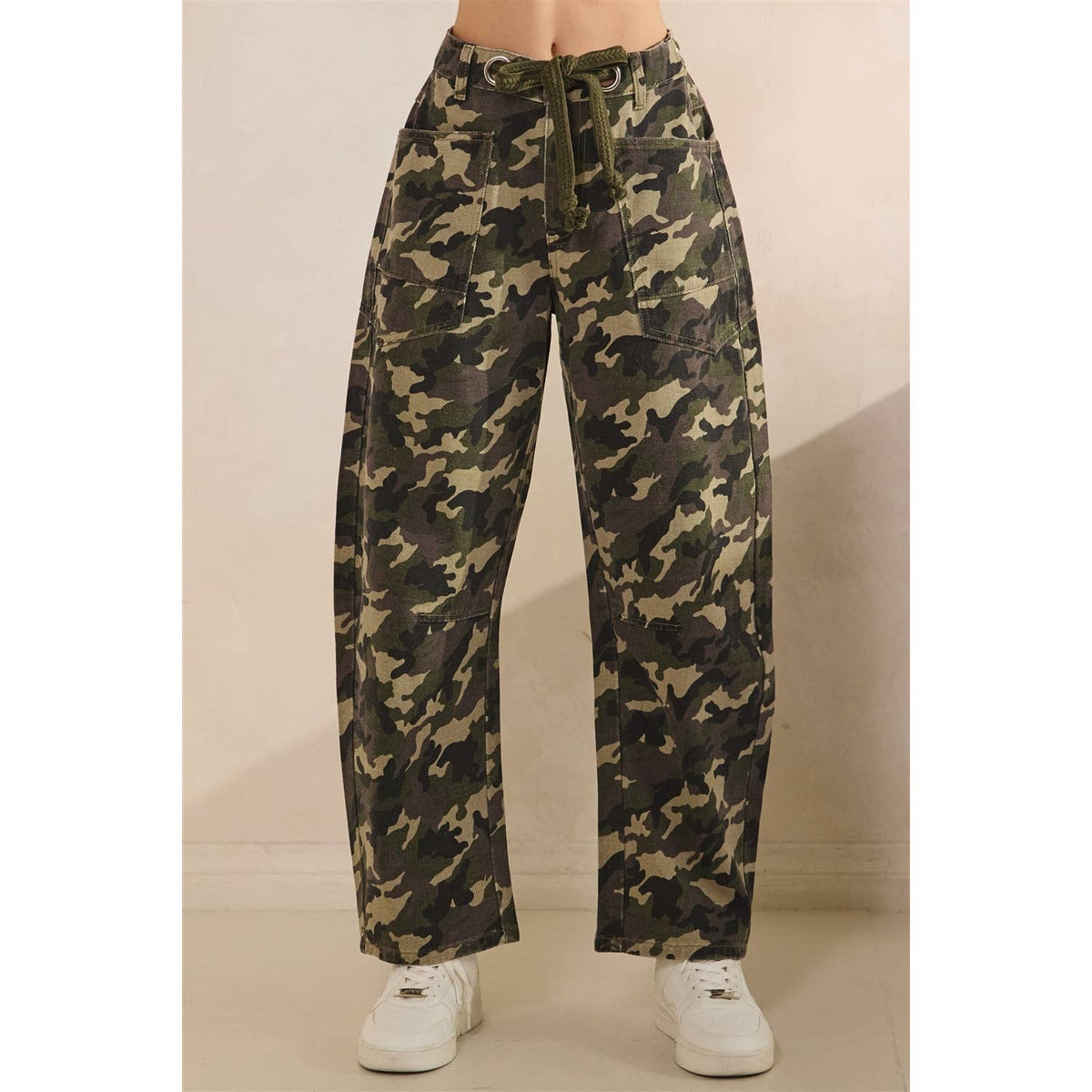 Camo Barrel Jeans with Belt Detail