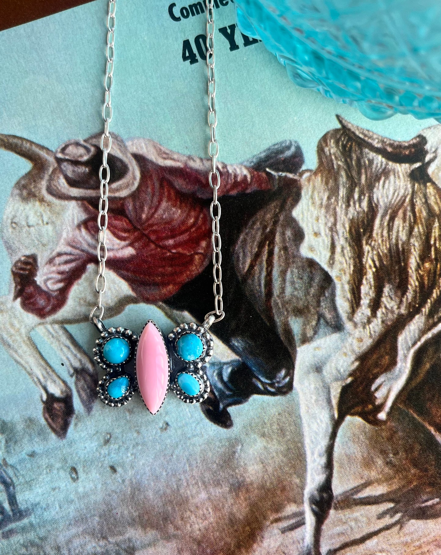 Pink Conch and Blue Bird Butterfly Necklace