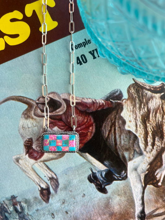 Turquoise and Opal Checkered Bar Necklace