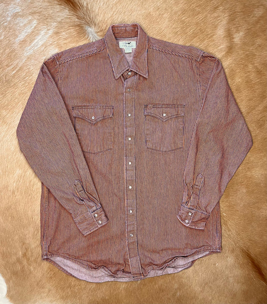 Men's Orange and Navy Pinstripe Pearl Snap, Large Tall