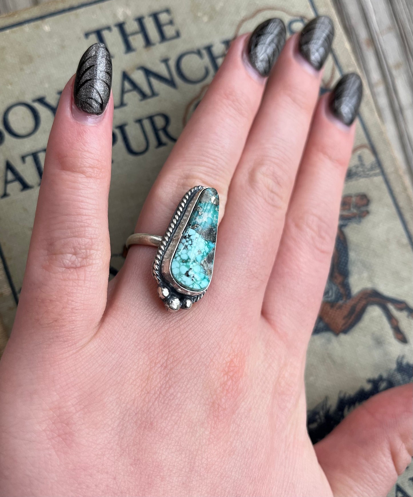 White Water Turquoise Triangle Stone Ring Size 6