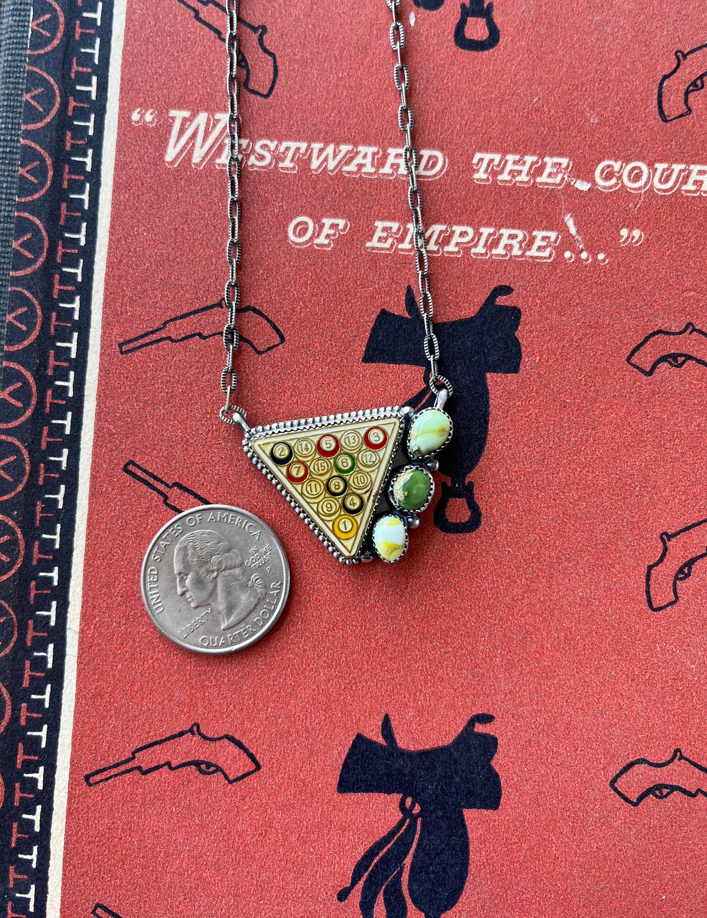 Vintage Billiards Enamel Pin Necklace with Emerald Valley Turquoise & Palomino