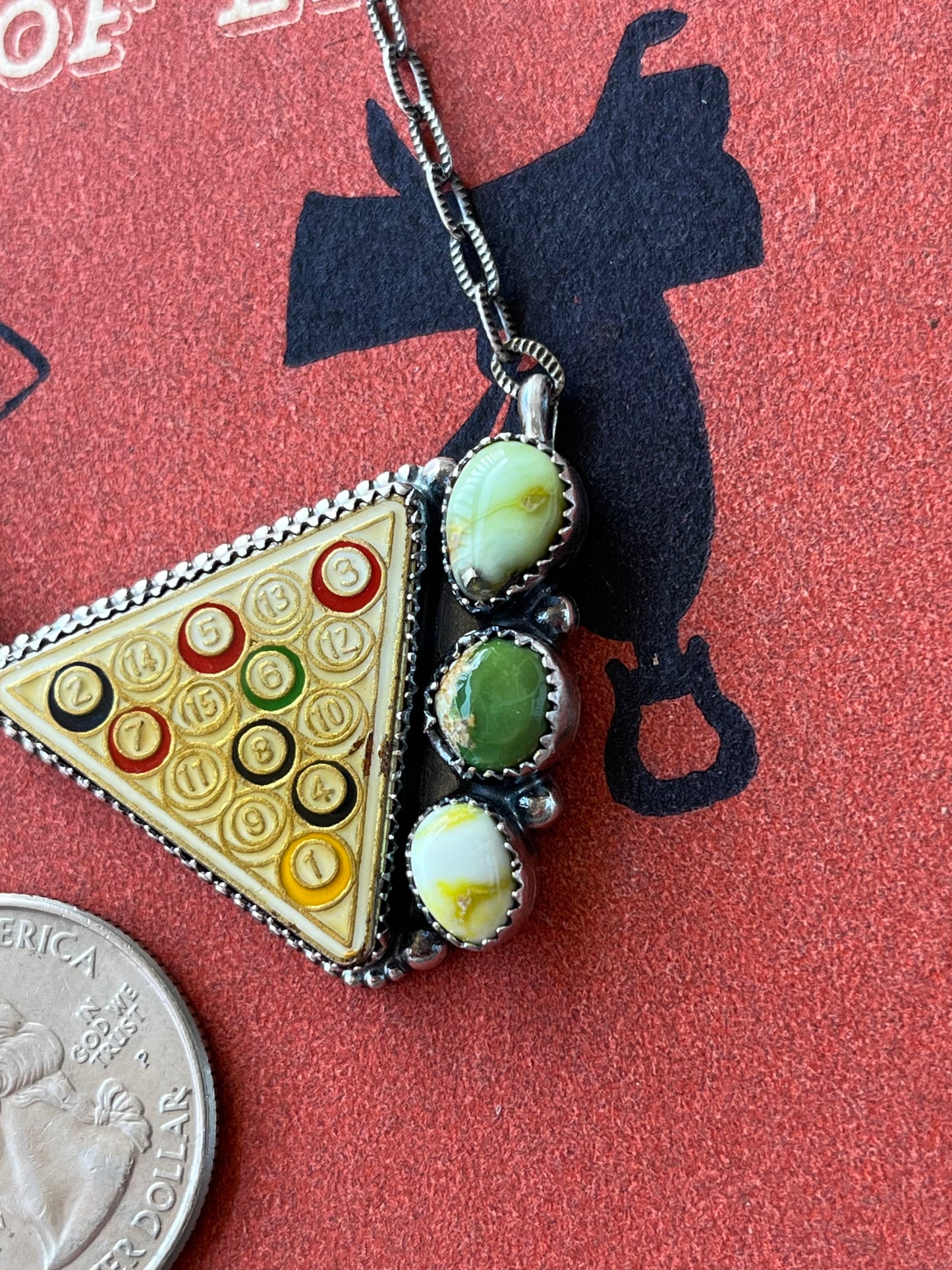 Vintage Billiards Enamel Pin Necklace with Emerald Valley Turquoise & Palomino