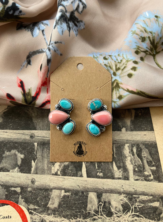 Pink Conch and Blue Bird Turquoise Earrings