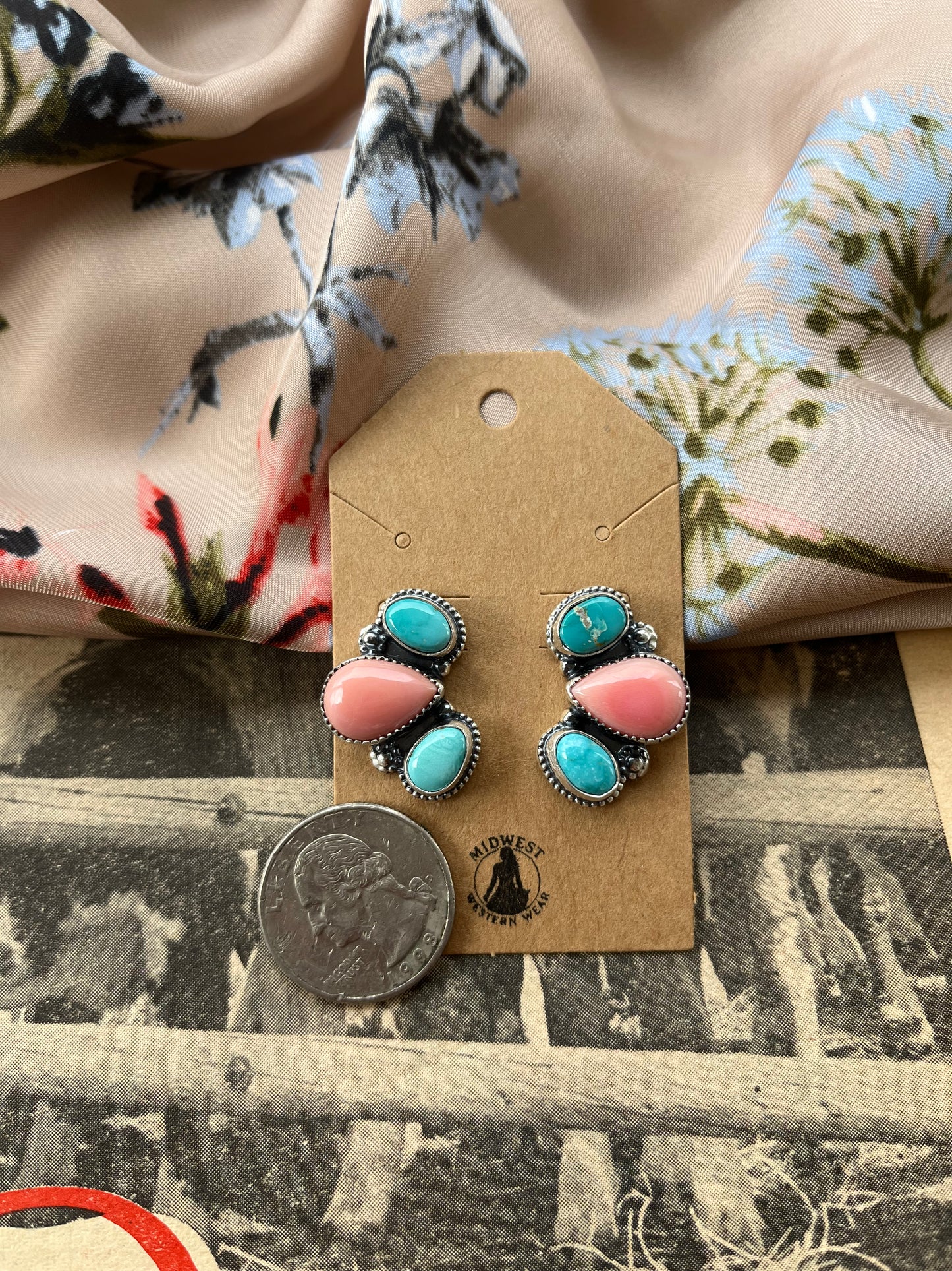 Pink Conch and Blue Bird Turquoise Earrings