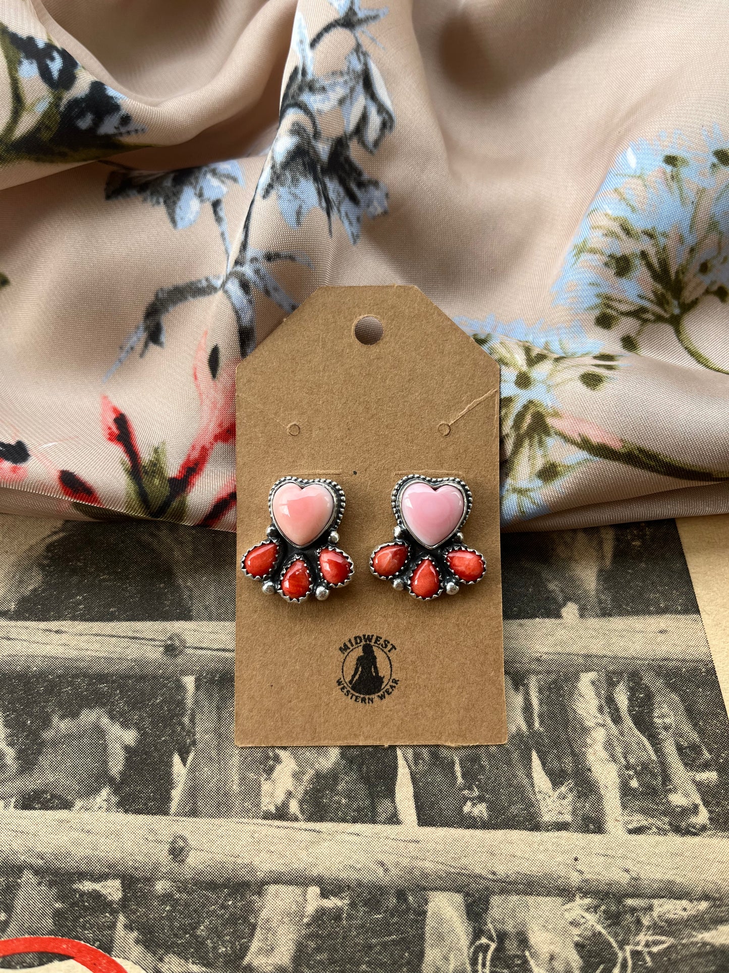 Pink Conch and Red Spiny Heart Earrings