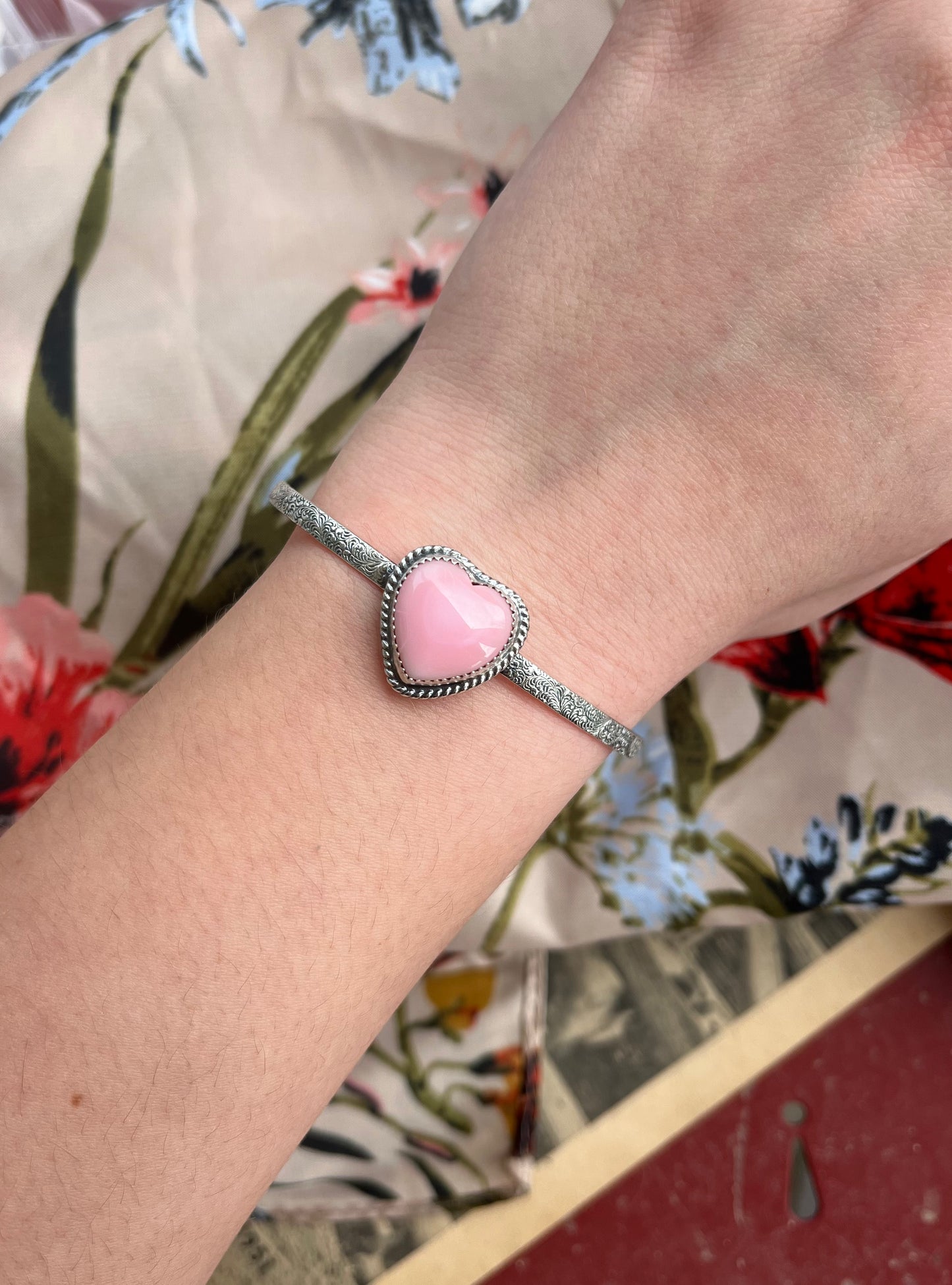 Pink Conch Heart Cuff w/ Stamped Band