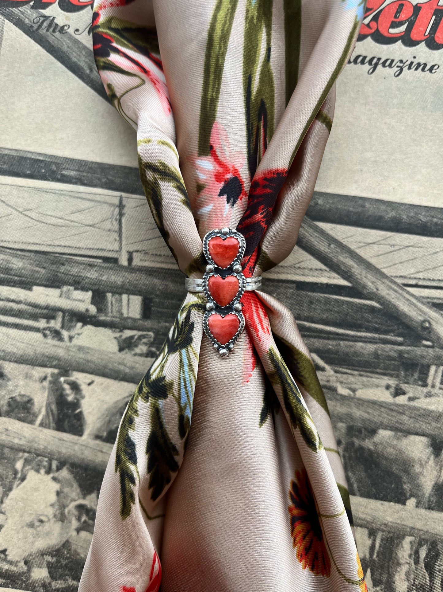 Red Spiny Three Heart Ring Size 9