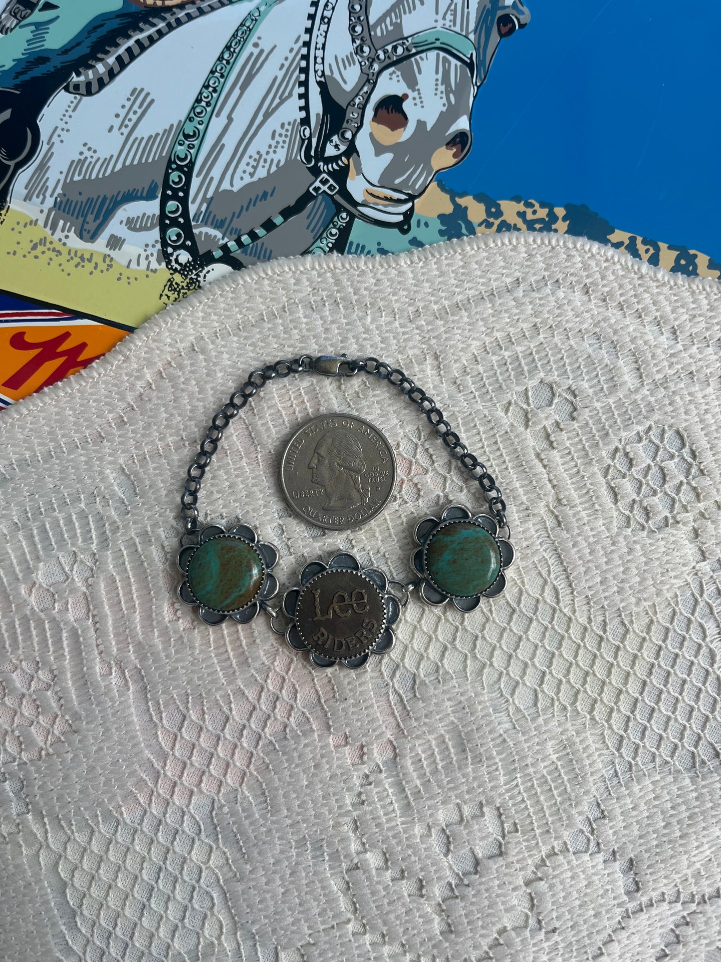 #8 Turquoise and Vintage Lee Riders Bracelet